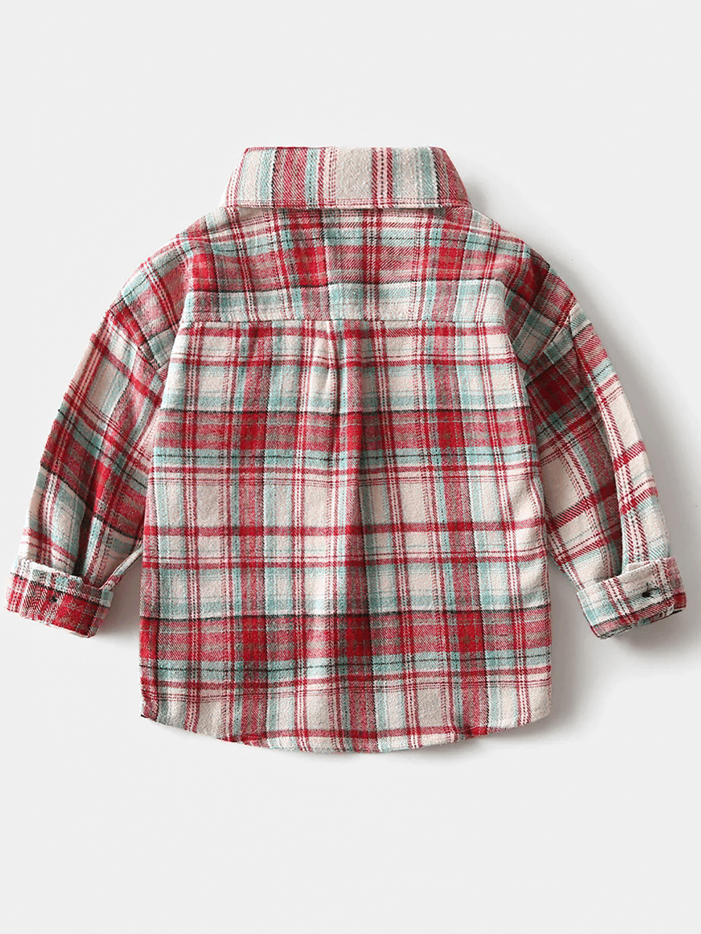 Plaid Long-Sleeved Button-Down Shirt for Kids - SF3523, red and white checked toddler boys' shirt, soft flannel fabric, back view.